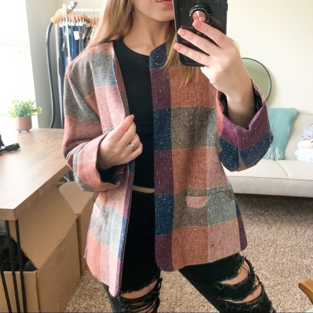 Vintage Wool Blend Patchwork Blazer Shacket Coat - Picture 2 of 12